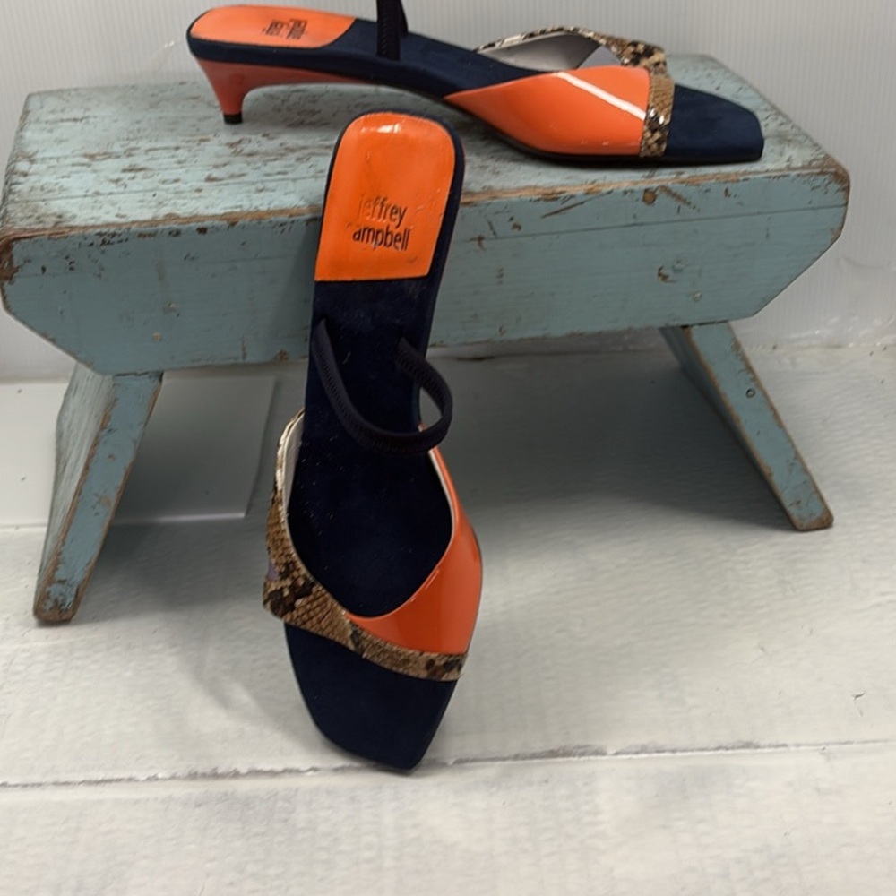 Jeffrey Campbell Orange & Navy Kitten Heel Slingbacks - Picture 3 of 3